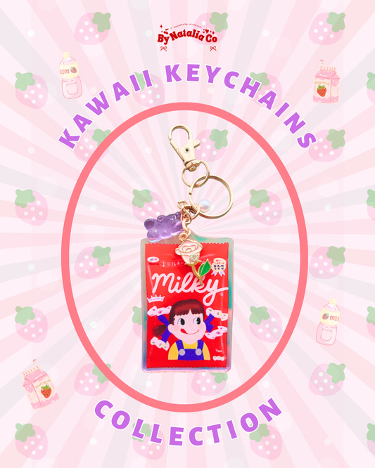Collectible Japanese Snacks Keychain – Original Illustration Charm | Bag Charm | Acrylic Holographic (Red)