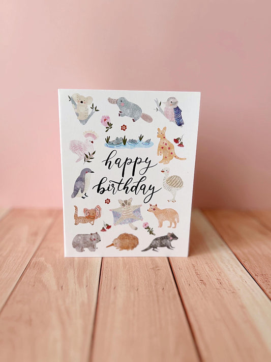 Birthday card with cute handdrawn native Australian animals