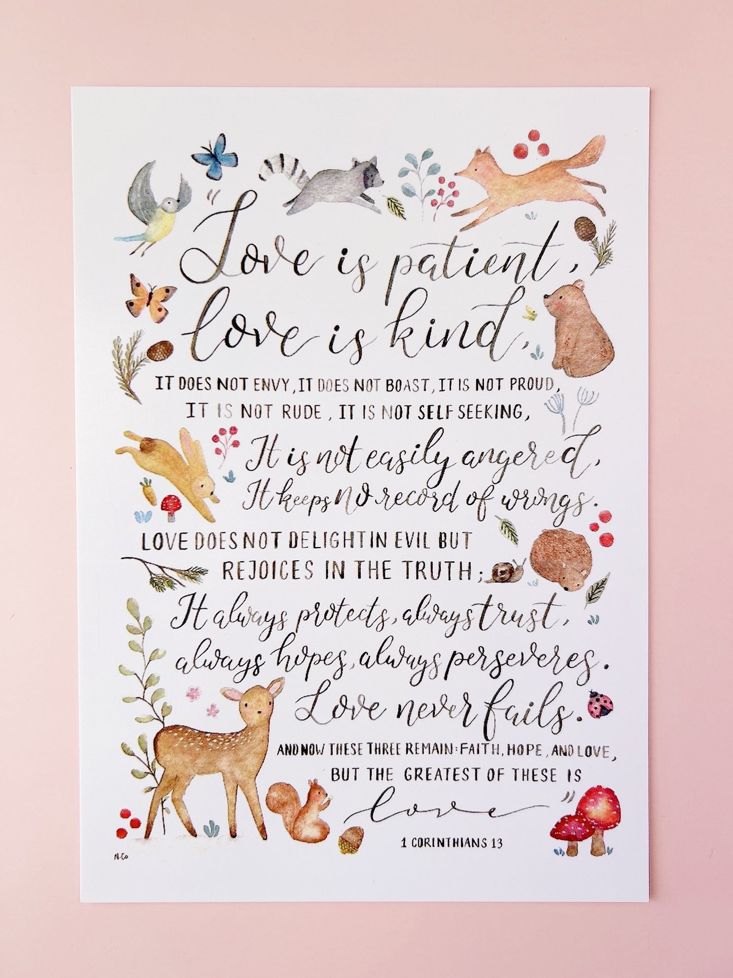“Love is…” 1 Corinthians 13 Art Prints Woodland Theme