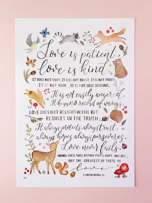 “Love is…” 1 Corinthians 13 Art Prints Woodland Theme
