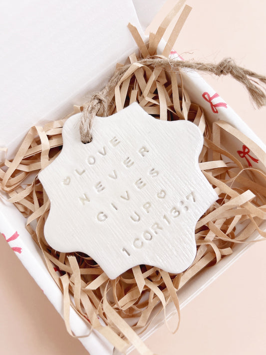 Love Never Gives Up | Love Quote | Bible Verse Gift | Handmade Christian Gift