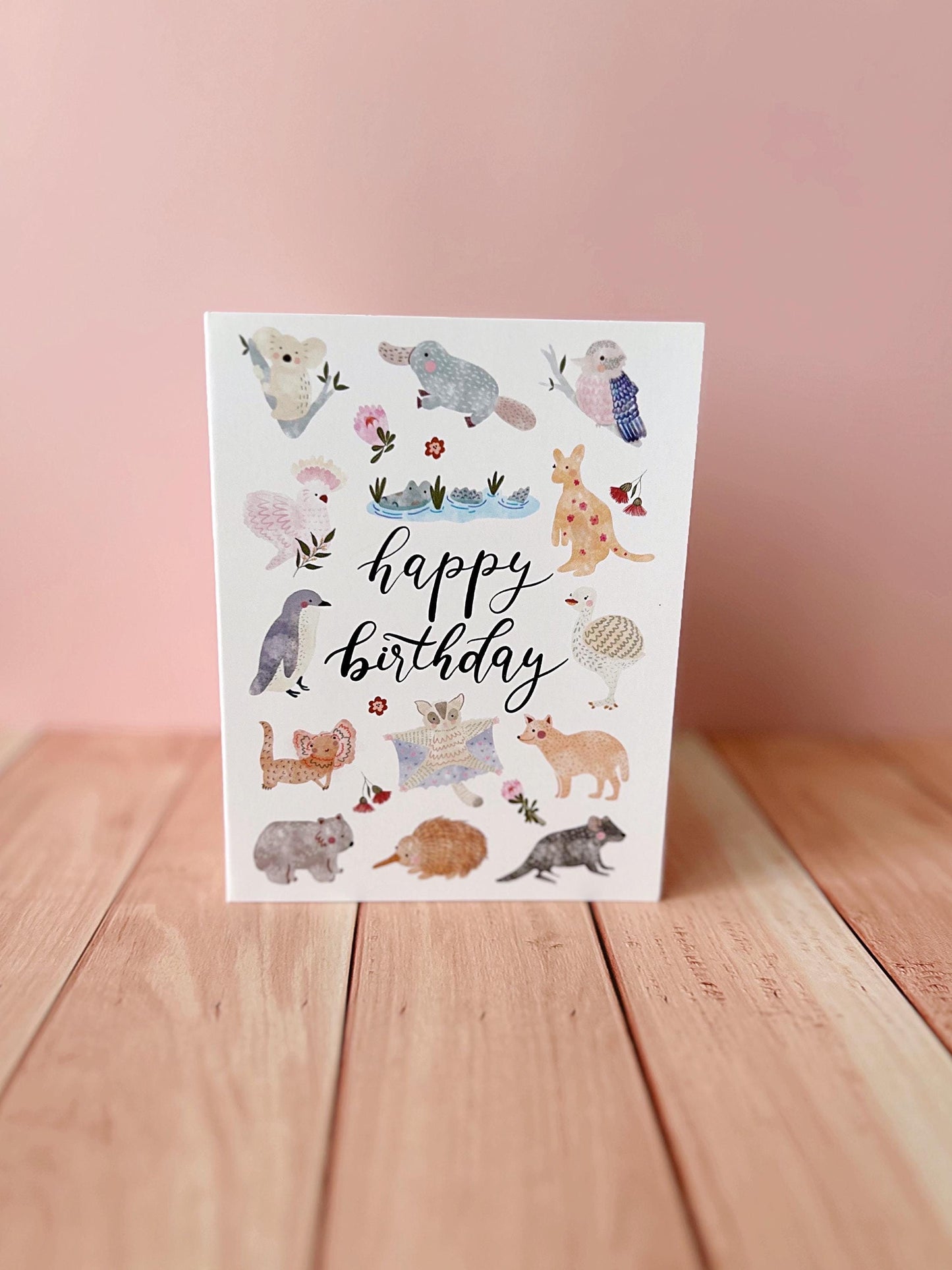 Birthday card with cute handdrawn native Australian animals