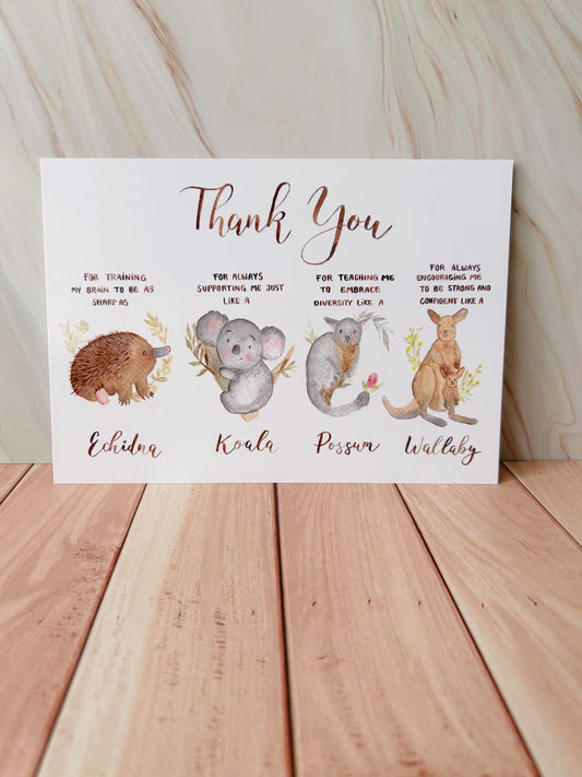 card for teachers and educators with watercolor Australian animals