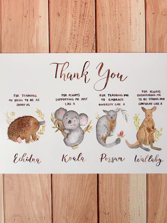 Australian Animals Thank You Card: Watercolor Teacher Appreciation