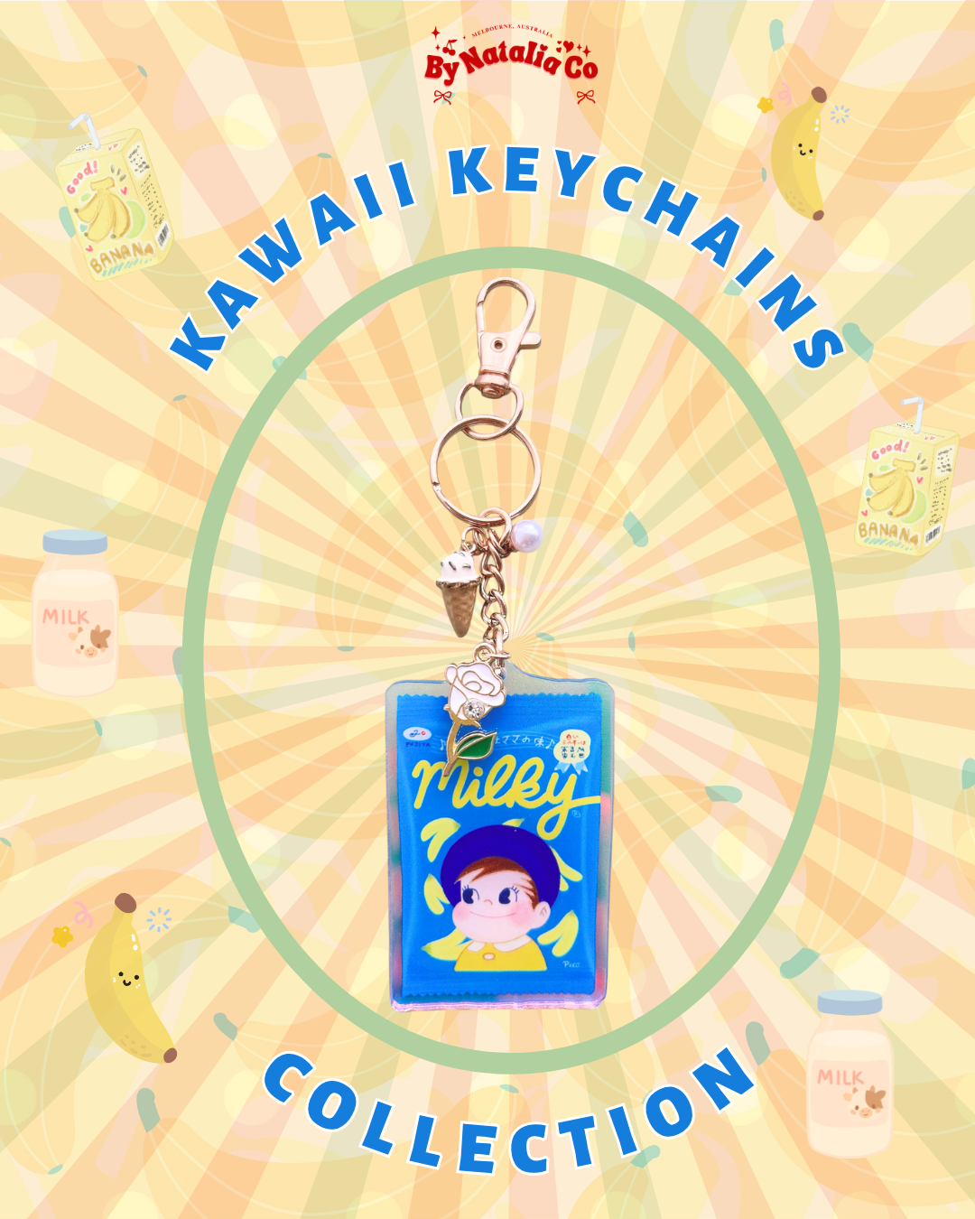Collectible Japanese Snacks Acrylic Keychain – Original Illustration Charm | Bag Charm | Acrylic Holographic (Blue)