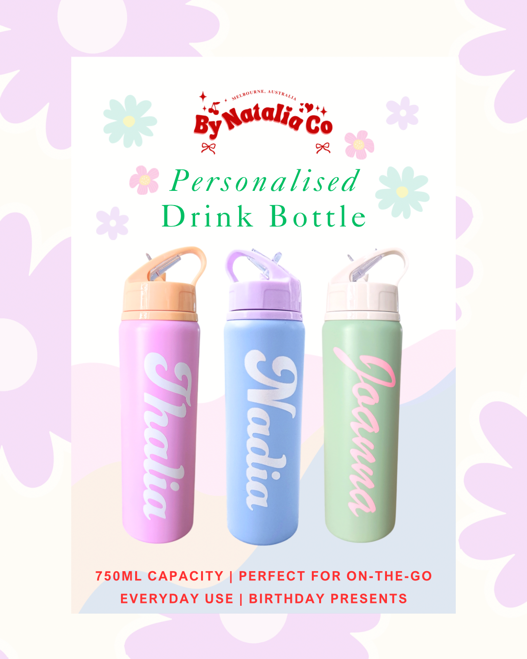 Personalised Gifts Ideas | Drink Bottle Pretty Pastel Colours