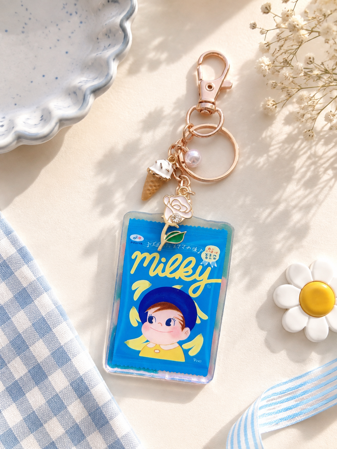 Collectible Japanese Snacks Acrylic Keychain – Original Illustration Charm | Bag Charm | Acrylic Holographic (Blue)
