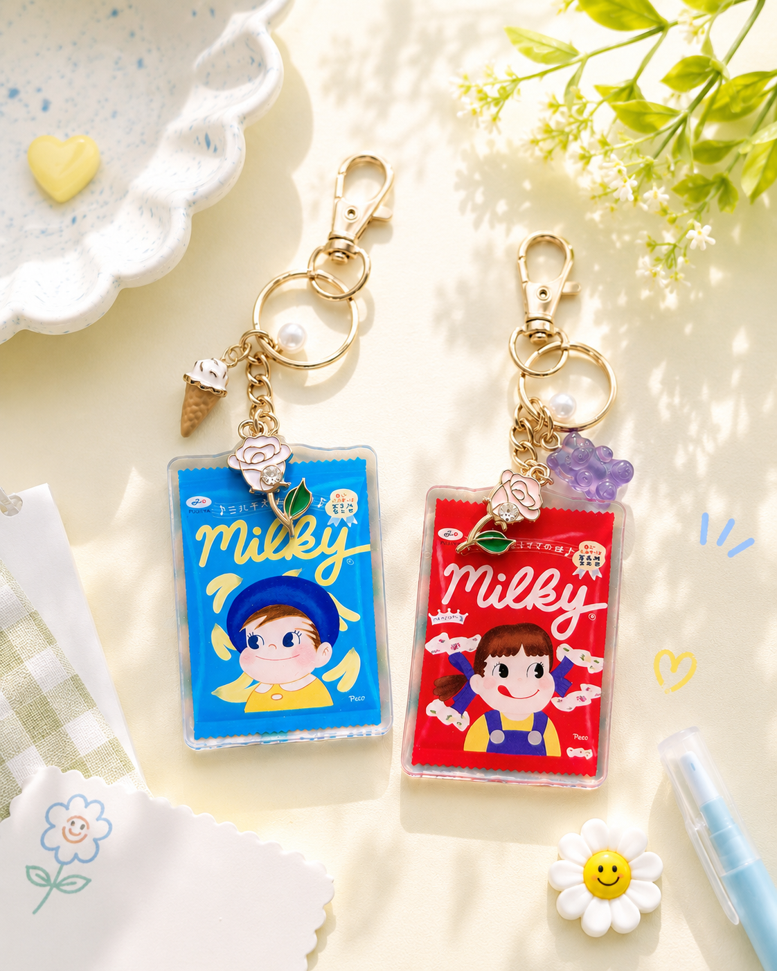 Collectible Japanese Snacks Keychain – Original Illustration Charm | Bag Charm | Acrylic Holographic (Red)