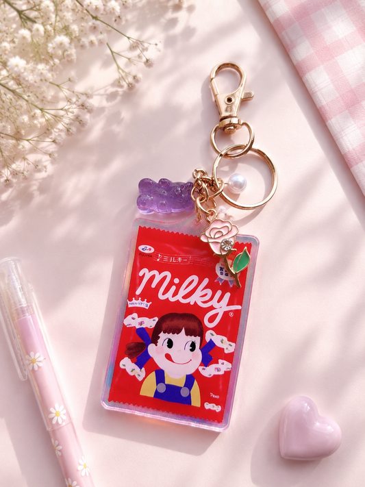 Collectible Japanese Snacks Keychain – Original Illustration Charm | Bag Charm | Acrylic Holographic (Red)
