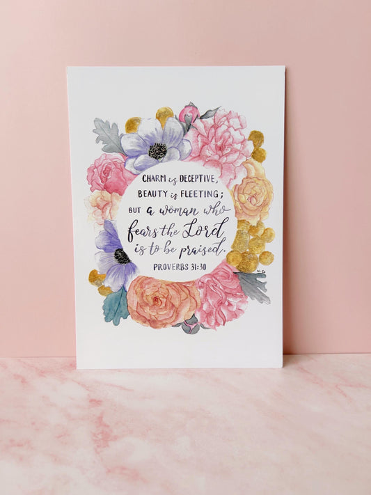 watercolor flowers with Proverbs 31:30 bible verse about true beauty