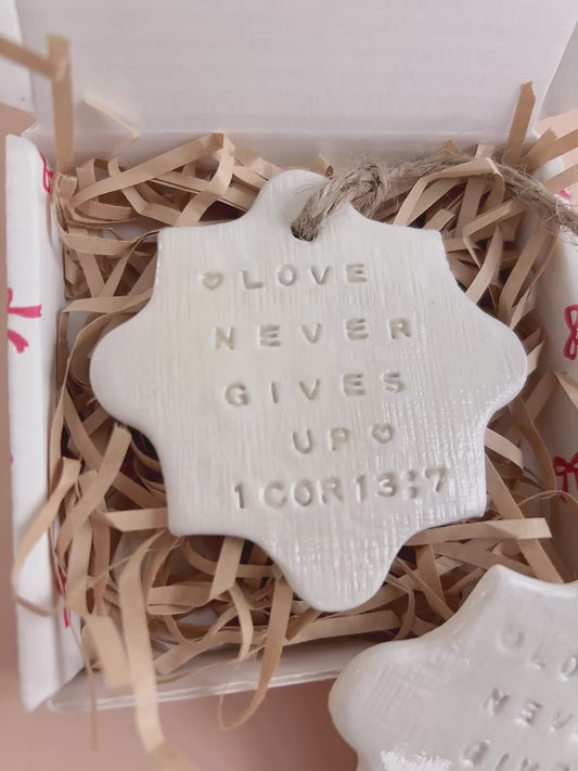 Love Never Gives Up | Love Quote | Bible Verse Gift | Handmade Christian Gift